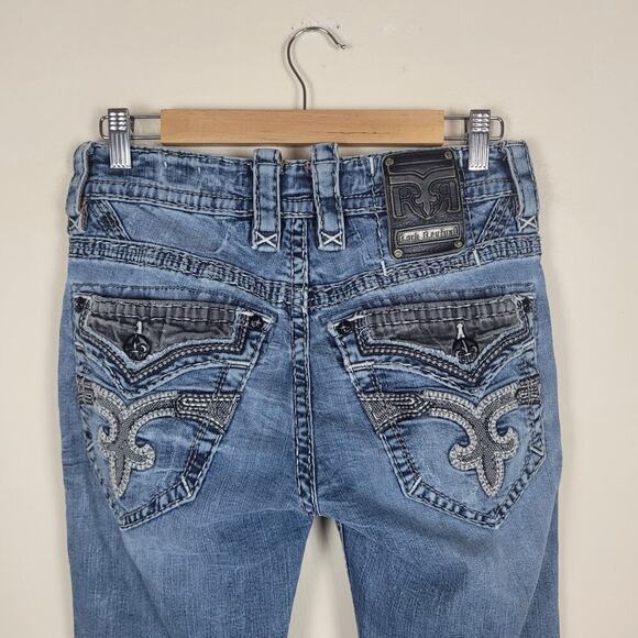 Rock Revival Jayin Jeans Womens 29 Blue Fleur-de-Lis Flap Pockets Slim Straight - Picture 5 of 13